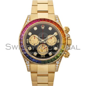 SWISS DAYTONA STYLE YELLOW GOLD RAINBOW REAL RUBIES - DIAMONDS 40MM