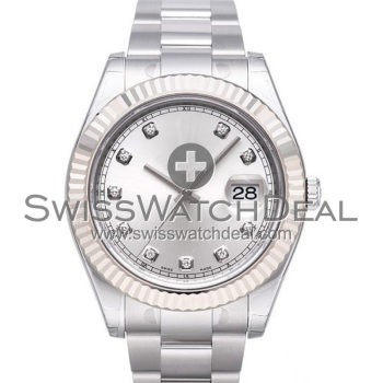 SWISS DATEJUST II STYLE STEEL SILVER DIAMONDS 41MM