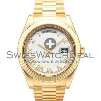 SWISS DAY-DATE II STYLE GOLD WHITE ROMAN 41MM