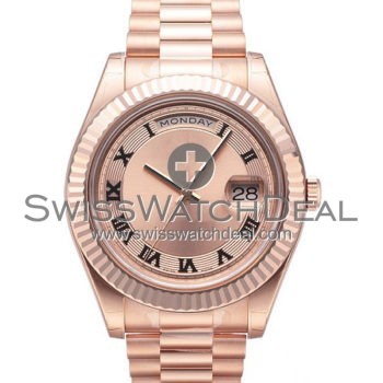 SWISS DAY-DATE II STYLE ROSE GOLD PINK BLACK ROMAN 41MM