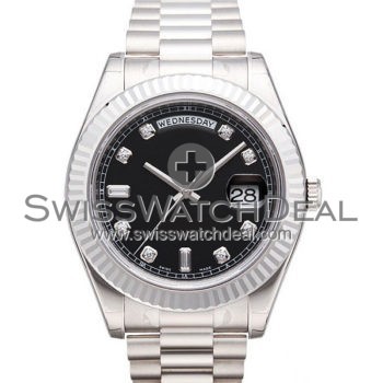 SWISS DAY-DATE II STYLE WHITE GOLD BLACK DIAMONDS 41MM