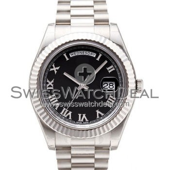 SWISS DAY-DATE II STYLE WHITE GOLD BLACK ROMAN 41MM