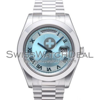 SWISS DAY-DATE II STYLE PLATINUM BLUE ROMAN 41MM
