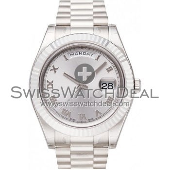 SWISS DAY-DATE II STYLE WHITE GOLD SILVER ROMAN 41MM