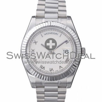 SWISS DAY-DATE II STYLE WHITE GOLD WHITE ROMAN 41MM