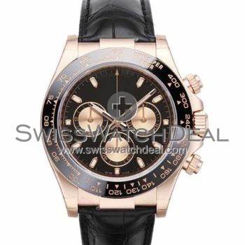 SWISS DAYTONA STYLE LEATHER ROSE GOLD BLACK CERAMIC 40MM