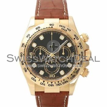 SWISS DAYTONA STYLE LEATHER YELLOW GOLD BLACK DIAMONDS 40MM