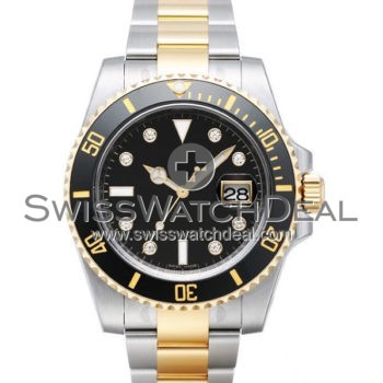 SWISS SUBMARINER STYLE 2-TONE BLACK DIAMONDS CERAMIC 40MM