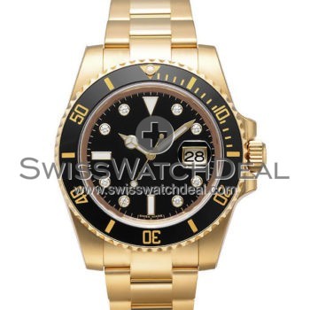 SWISS SUBMARINER STYLE GOLD BLACK DIAMONDS CERAMIC 40MM