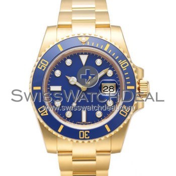 SWISS SUBMARINER STYLE GOLD BLUE DIAMONDS CERAMIC 40MM