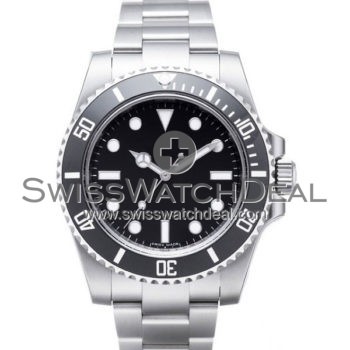 SWISS SUBMARINER STYLE STEEL NO DATE BLACK CERAMIC 40MM
